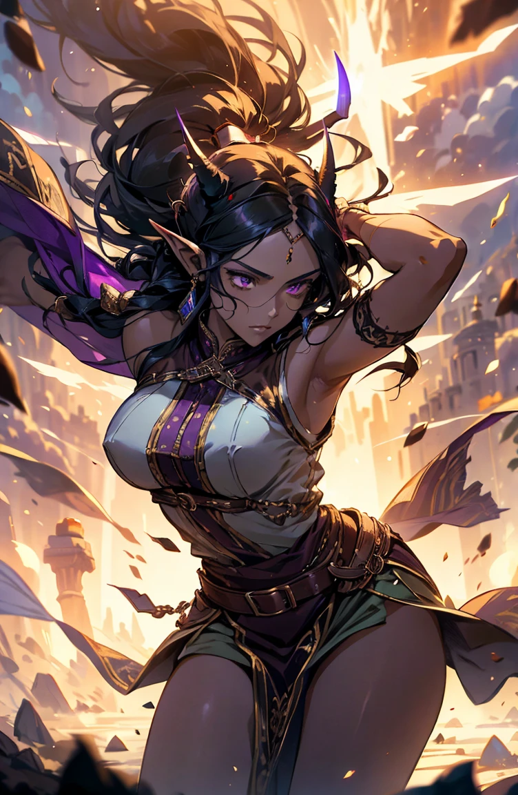 brown skin, older woman, sexy, tall, brown skin, one wing, black hair, elf, elf ears, horns, sleeveless, purple, dramatic compositions, Cinematic lighting, Ray tracing, dramatic shadows