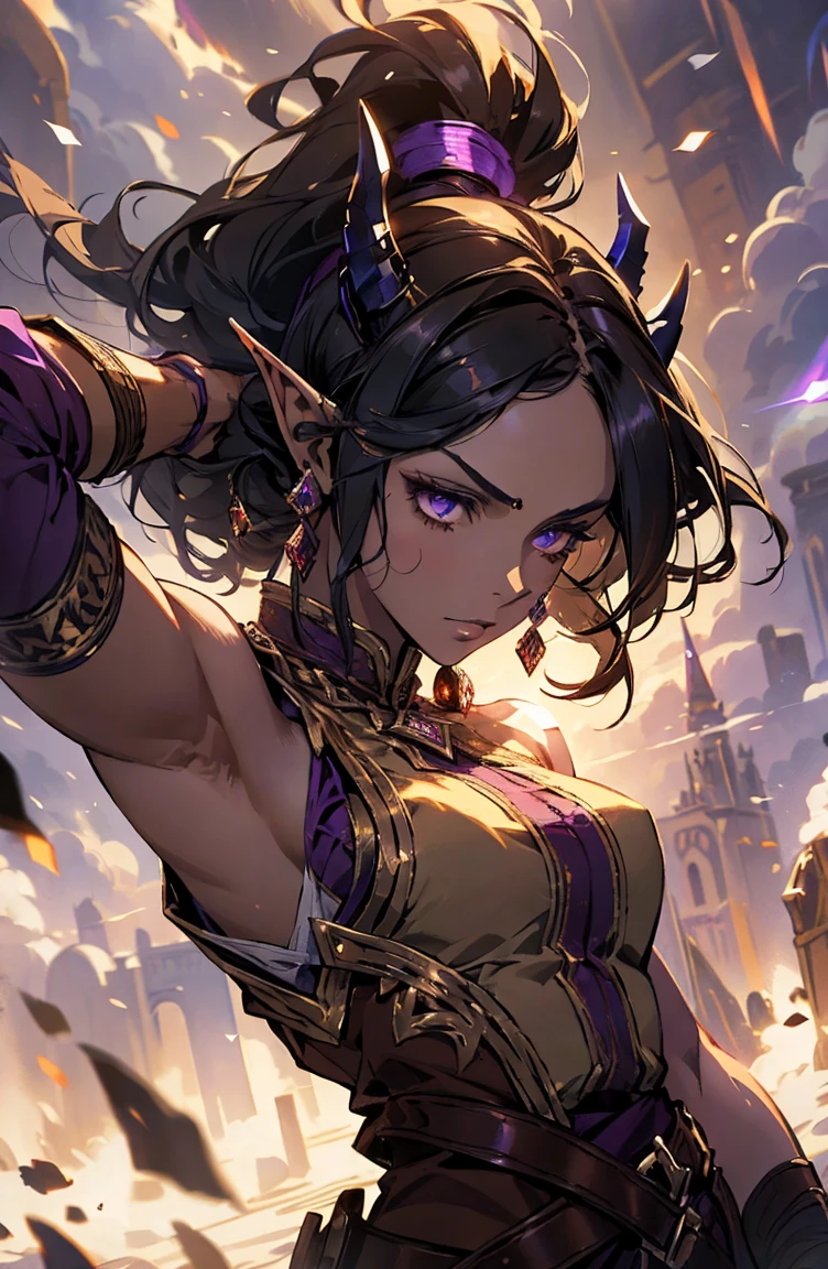 brown skin, older woman, sexy, tall, brown skin, one wing, black hair, elf, elf ears, horns, sleeveless, purple, dramatic compositions, Cinematic lighting, Ray tracing, dramatic shadows