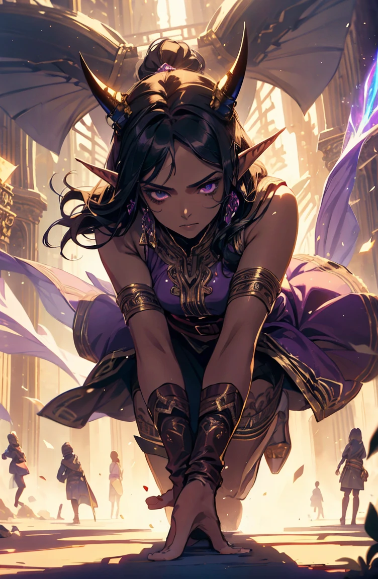 brown skin, older woman, sexy, tall, brown skin, one wing, black hair, elf, elf ears, horns, sleeveless, purple, dramatic compositions, Cinematic lighting, Ray tracing, dramatic shadows