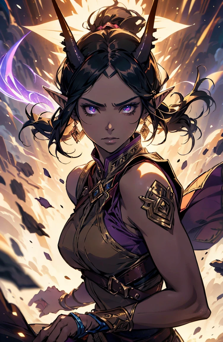 brown skin, older woman, sexy, tall, brown skin, one wing, black hair, elf, elf ears, horns, sleeveless, purple, dramatic compositions, Cinematic lighting, Ray tracing, dramatic shadows
