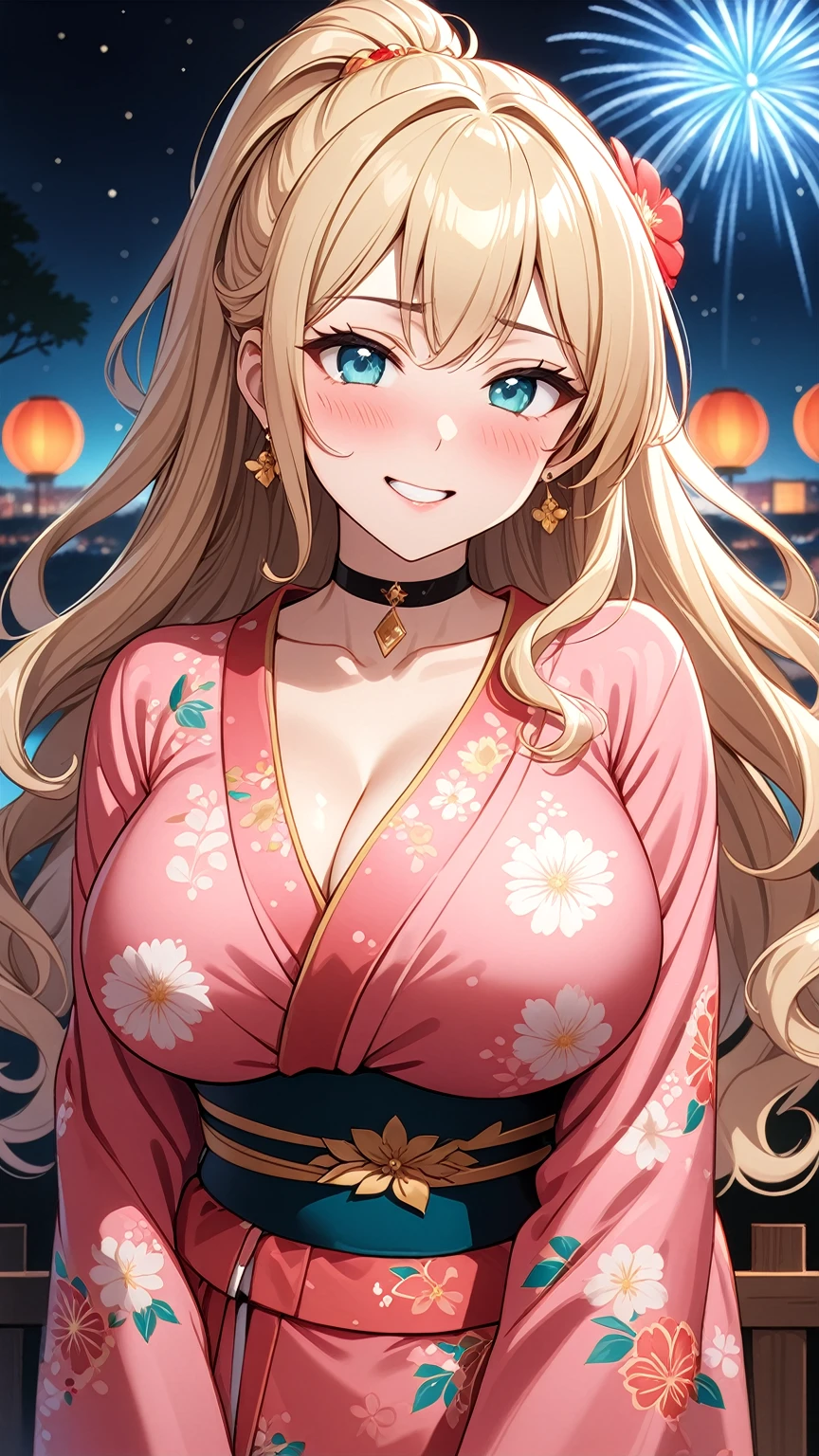 ((One personの女性)), Beautiful Face,(Laughing embarrassedly), (naughty face:1.2), ((Wink:1.9)), (head tilt:1.3), Laughing with your mouth open, upper teeth, ((full-face blush:1.5)), looking at viewer, Glossy Red Lips, (Shining Face), ((Anime style background)) , night, Observatory, Festival decorations, firework, ,masterpiece, Highest quality, so beautiful,up to date, Complex details, (Pink long nails),(ring),(bracelet),(choker),AI-generated, Complex,High resolution, Highest quality, super high quality,3D Images、3D Images,One person,Long blonde hair,ponytail, wavy hair ,写真のポーズをとるAnime Women, ((Fine grain、Turquoise Eyes、Shining Eyes:1.3)), (Squint your eyes:1.1),a hyperRealistic , hyperRealistic , Realistic,Anime Women, Smooth anime CG art, A woman in a colorful kimono with gold embroidery, (Pink long sleeve kimono),Red floral pattern,Long flower hair ornament,Earrings,Mature Body,(Big Breasts:1.1),Tall,Abdominal muscles,Tight waist,(face focus:1.4), ((front view)),
