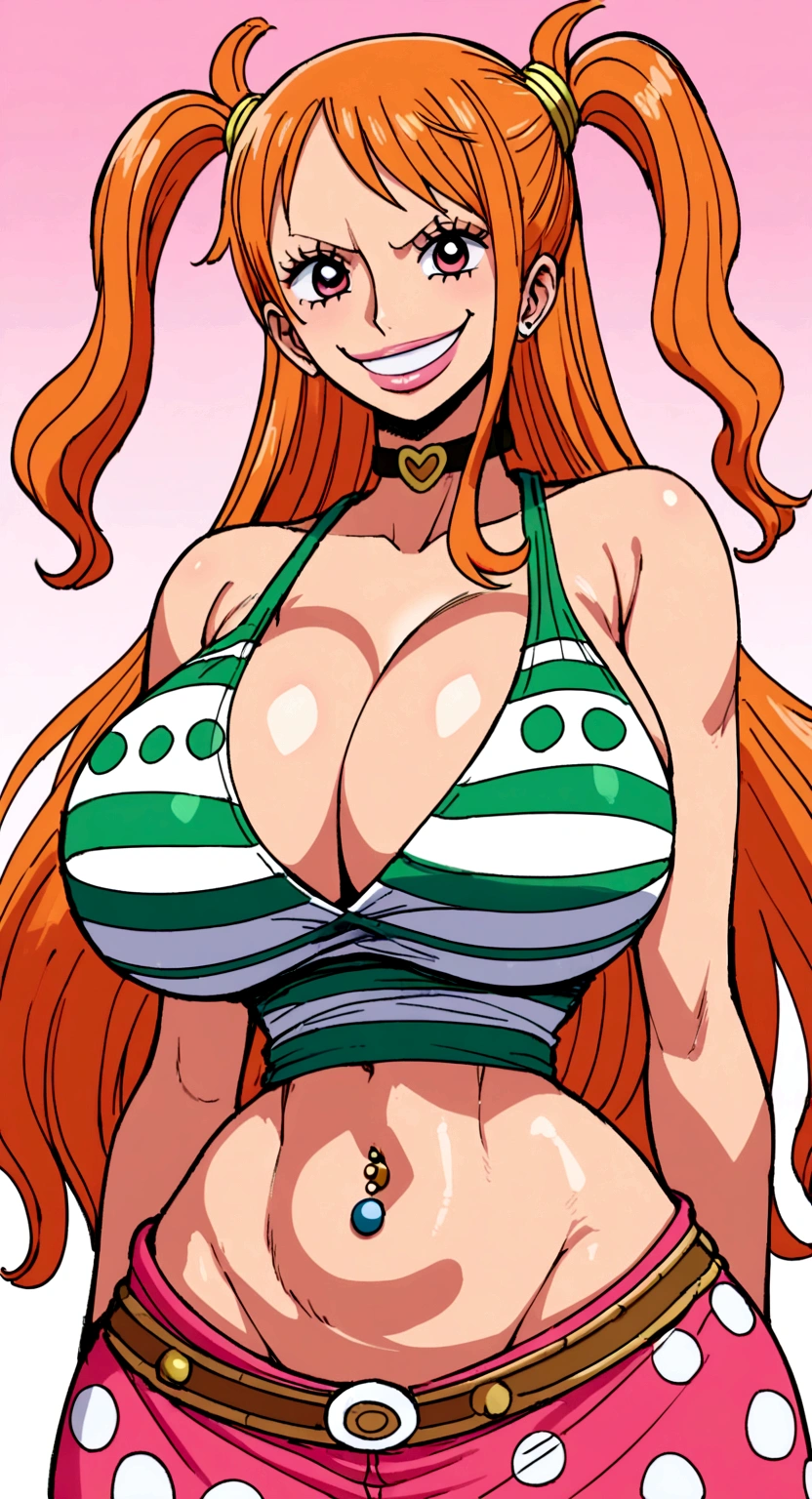 big lips, us&#39;s skin (One piece), pink eyes, japanese face, improve, improve grin, two sides up, huge breasts, Wide hips, sexy, detailed, pink room, Hits, (evil smile1.4), kawaii, fold us (One piece), One piece, GOOD, nami costume (One piece), fold us (One piece), camisa nami (One piece), choker, fold us (One piece), camisa nami (One piece),navel piercing, cosplay de nami (One piece)