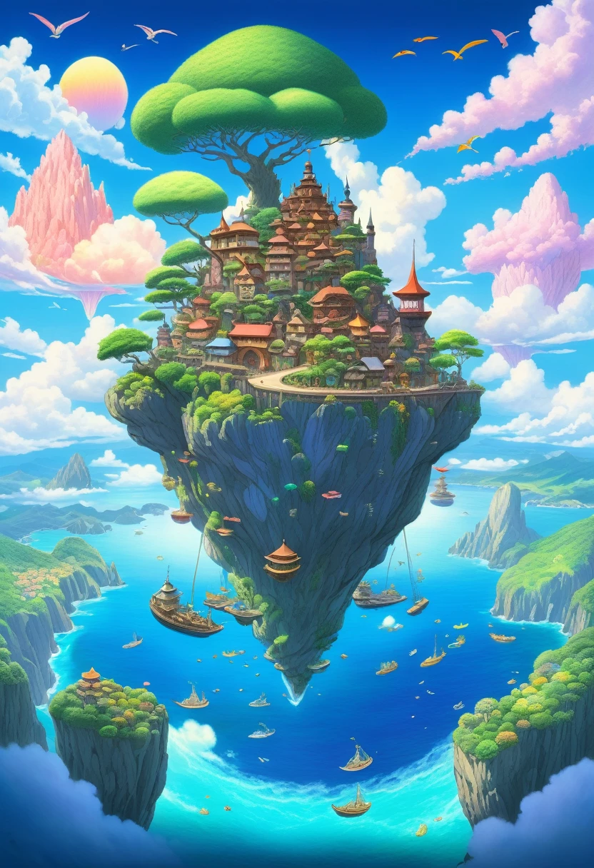 "A Ghibli-style fantasy world drawn with colored pencils. Colorful islands floating in the sky, magical flying creatures, and landscapes full of adventure."