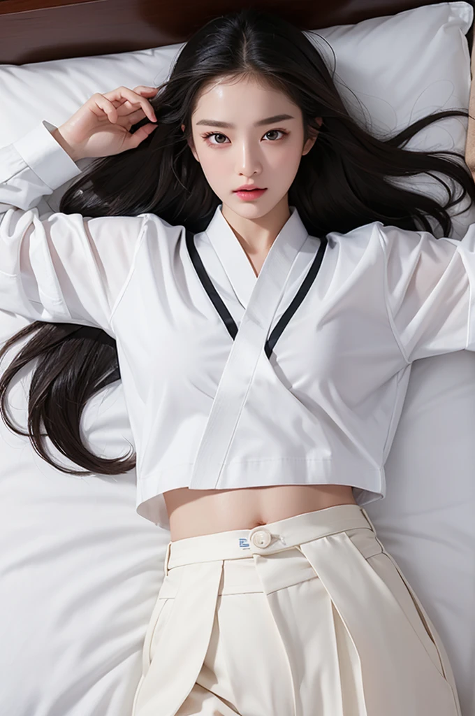 masterpiece, ultra details, best quality, 1 korean taekwondo girl, masterpiece, ultra details, best quality, black long straight hair, wearing sweaty white World Taekwondo Federation dobok uniform with black v-neck, wearing taekwondo blackbelt, wearing white martial arts pants without pockets, large sweaty butt, large breasts, laying on wet hotel bed showing butt, sweat droplets on face, seductive facial expression, blushing