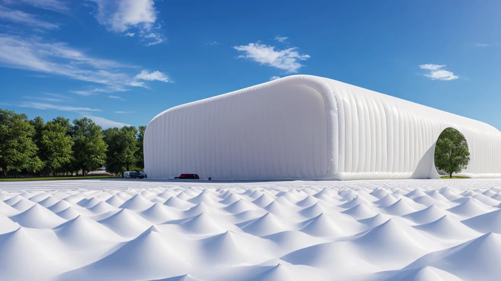 Realistic panorama of a huge inflatable installation in the shape of the building, white inflatable plastic film material,  wrapped in a white polyester sheet. close-up，  minimalist, surreal, most best quality,32K Ultra HD