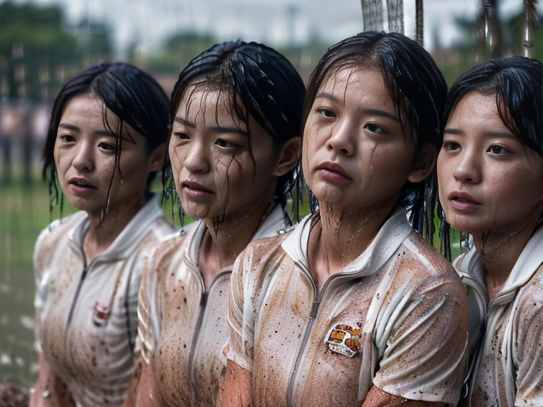 (A plain white short sleeved dirt stained field hockey uniform with a very tight white half zip:1.7)、(A large, dirt-stained, white, square collar: 1.6)、(Red clay ground:1.5)、My hair is wet and messy、(Beautiful Japanese woman covered in dirt:2.4)、Highest quality, masterpiece, Ultra-high resolution, Photorealistic, Raw Photos,Detailed face,(All women with muscular arms:2.0), (Fastener open: 1.8), (Upper body zoom up:1.0),(Everyone wears the same clothes:1.0), All members are super beauties, (Three beautiful Japanese women standing in a row facing the camera: 1.5), (Hair tied up: 1.4), (Exhausted expression: 2.0), Bright photo, (My whole body is drenched in rain: 2.0)