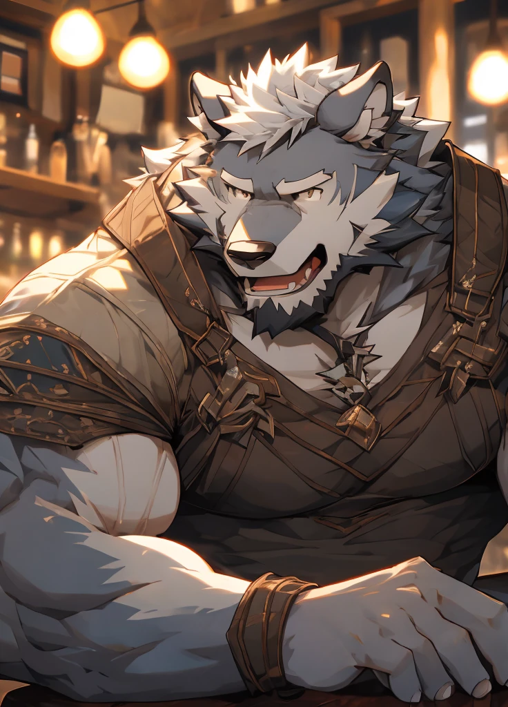 （masterpiece），（Very detailed），（best quality），Solitary，hairy，Wolf，Gray blue fur，White hair，black beard，muscular，Strong body，Mercenary Outfit，Open，Pub Background，8K，（（high quality））