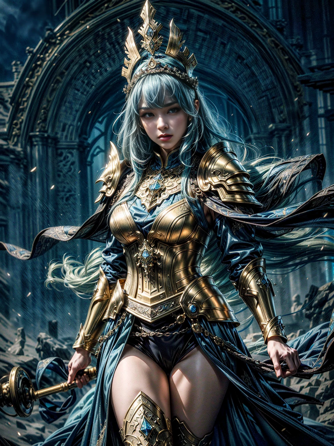 a detailed blue and gold medieval cosplay, highly realistic, in the style of xu beihong's ink paintings, arabesque/scroll patterns, wimmelbilder composition, dramatic cyan lighting, (best quality,8k,hyperdetailed,masterpiece:1.2),ultra-detailed,(realistic,photorealistic,photo-realistic:1.37),intricate costume and accessories, beautiful female figure, elegant pose, ornate headdress, flowing robes, detailed armor, delicate jewelry, glowing aura, fantasy landscape background, detailed textures, vibrant colors, dramatic lighting, atmospheric mist