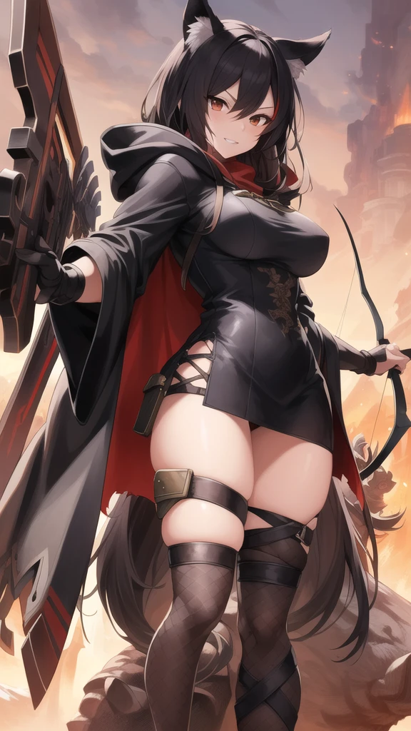a black overcoat on top of a giant wolf, drawing of a woman with a bow and arrows, hood r, detailed game art illustration, octopath voyager, red and black, clothes, good hips and long legs, female sheriff, high detailed face anime , female thief, Breakdomain artwork in the style of guweiz, girl wearing hoodie, colorful character faces, style of greg simkins, anime still image, bite, streaming on twitch, by Kanō Naizen, art magazine, sharp teeth, ouka_niji 5 + OC, artgerm