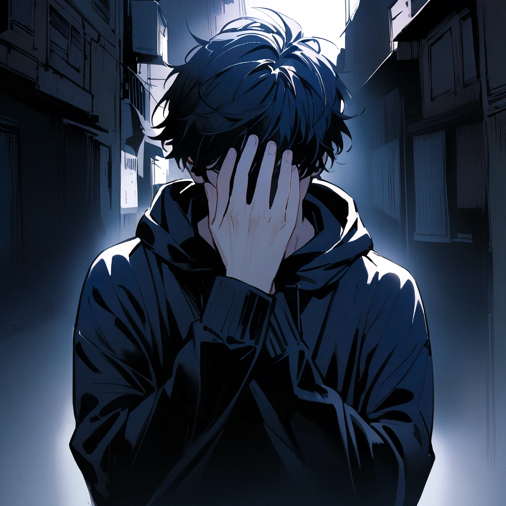 male artist, 26 years old - looking forward - hiding his face - with a modern hoodie - dark blue tone in the context of the image, 