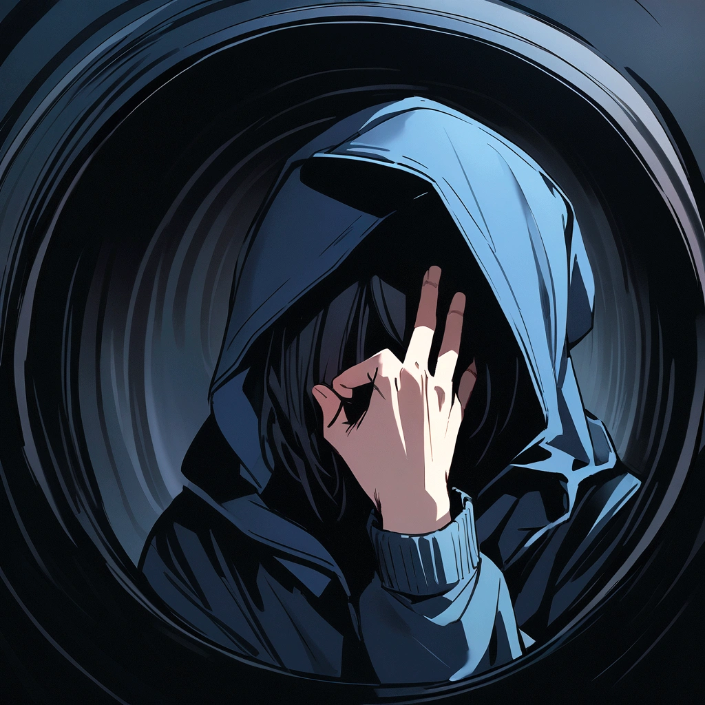 male artist, 26 years old - looking forward - hiding his face - with a modern hoodie - dark blue tone in the context of the image,