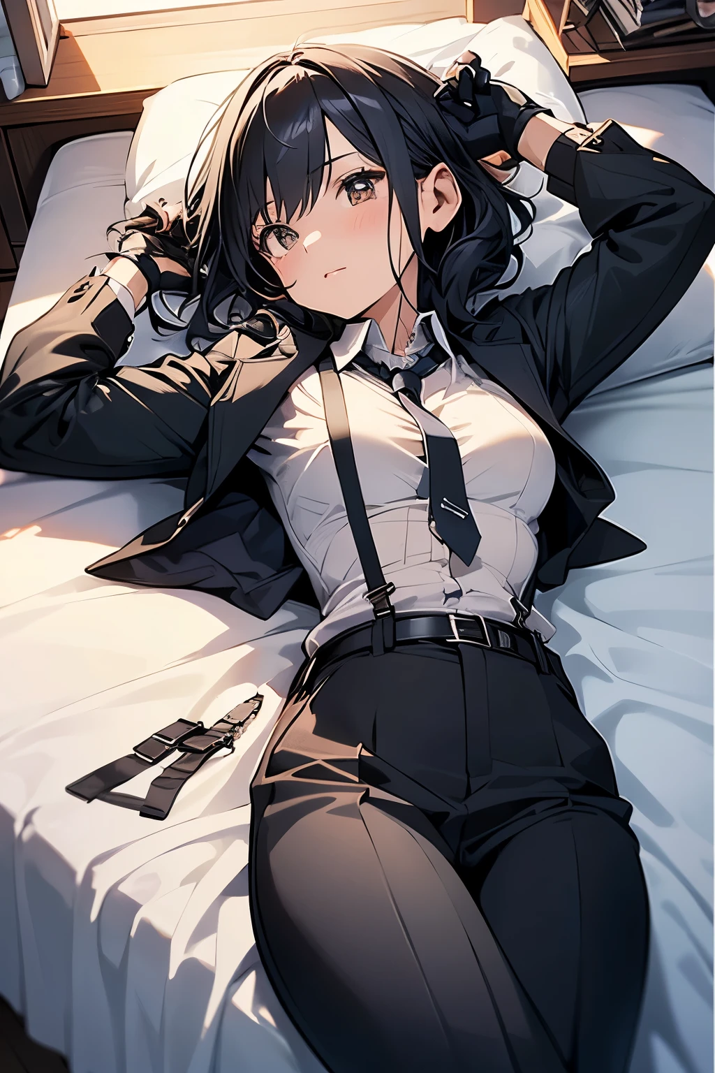 suspenders　　　Moderate breasts　 　 　　　　Small face　 　　　holster　　　Beautiful woman　　　　 Lying in bed　Looking up　　　　Sweat 　　　belt　summer　脇Sweat 　Black Hole Gloves　suit　shirt　　Black jacket　 Black trousers　Leg Links　ズボンにbelt