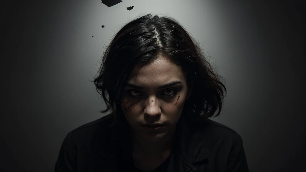 Create an illustration depicting shattered mental health. Use a dark and contrasting color palette, such as black, red, and grey, to convey pressure and tension. Include visual elements like broken lines, sharp shapes, and rough textures to illustrate instability and emotional chaos. Add visuals that show a sense of isolation, such as a contorted human shadow or a fragmented face. Ensure the illustration has dramatic details and an atmosphere that evokes feelings of anxiety