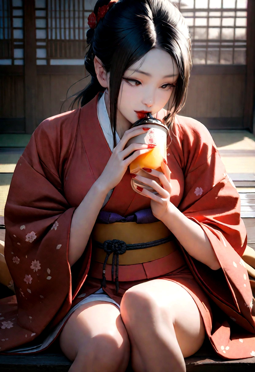 Top quality, masterpiece, super high resolution, raw photo, male (realism: 4K), raw photo (slender legs) (perfect figure), close-up of Japanese style beauty drinking, epic fantasy game art, red nails and eyes, bright Fair skin and beautiful red lips in the sunshine. Deep shadow, low key, cold light 12000K, feminine features, three sisters, Japanese kimono, sandals, Sengoku period. I have a fan.