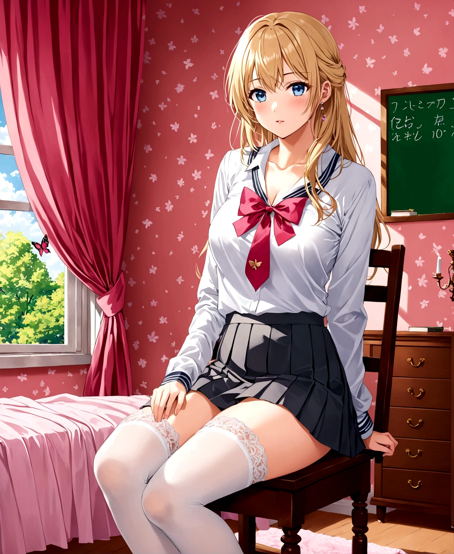In her room, the open window curtain overlooking the park, pink walls, a chandelier on the ceiling, bed in the back with pink sheets, sitting cross-legged on a fine wooden chair, a of European origin, 20 years old, sexy, flirtatious look, lustful pose, blonde with blue eyes, big chest, (school uniform: grey V-neck blouse with lace and neckline, black mini-skirt with pleats and butterfly patterns, white knee-high stockings with diamond patterns, red bow tie), massive chest,