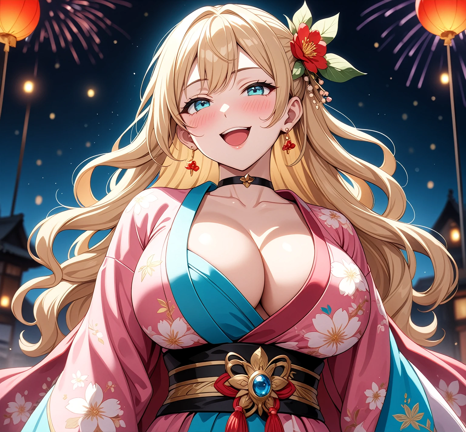 ((One personの女性)), Beautiful Face,(Laughing embarrassedly), (naughty face:1.2), ((Wink:1.9)), (head tilt:1.3), Laughing with your mouth open, upper teeth, ((full-face blush:1.5)), looking at viewer, Glossy Red Lips, (Shining Face), ((Anime style background)) , night, Observatory, Festival decorations, firework, ,masterpiece, Highest quality, so beautiful,up to date, Complex details, (Pink long nails),(ring),(bracelet),(choker),AI-generated, Complex,High resolution, Highest quality, super high quality,3D Images、3D Images,One person,Long blonde hair,ponytail, wavy hair ,写真のポーズをとるAnime Women, ((Fine grain、Turquoise Eyes、Shining Eyes:1.3)), (Squint your eyes:1.1),a hyperRealistic , hyperRealistic , Realistic,Anime Women, Smooth anime CG art, A woman in a colorful kimono with gold embroidery, (Pink long sleeve kimono),Red floral pattern,Long flower hair ornament,Earrings,Mature Body,(Big Breasts:1.1),Tall,Abdominal muscles,Tight waist,(face focus:1.4), ((front view)),