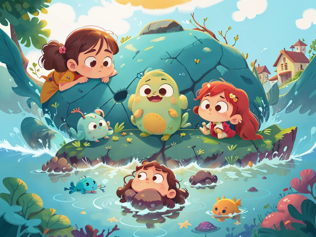This illustration is a 4K high-definition illustration,The facial features are rich in detail,Cartoon Style,Cartoon Animals 5.1,cute,Ocean Elements,Sea,Seahorse,海里的Sea马,Sea,Small schools of fish,do not want anyone