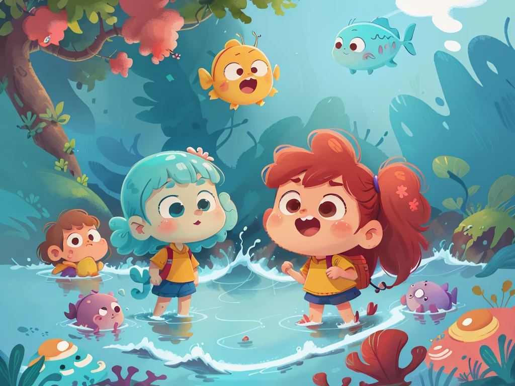 This illustration is a 4K high-definition illustration,The facial features are rich in detail,Cartoon Style,Cartoon Animals 5.1,cute,Ocean Elements,Sea,Seahorse,海里的Sea马,Sea,Small schools of fish,do not want anyone