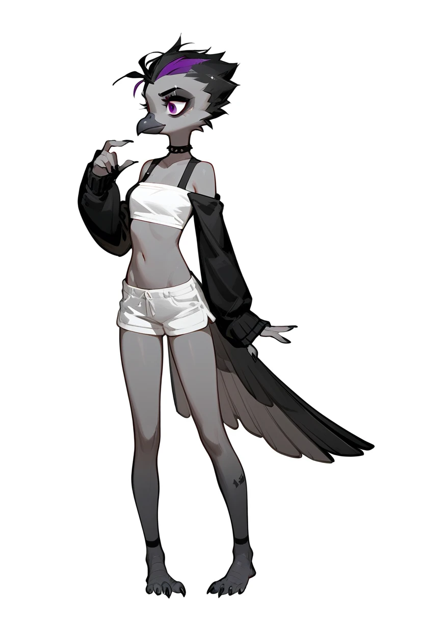 Score_9, score_8_up, score_7_up, flat colors,  an Anthropomorphic avian crow girl, female, small grey beak, tall and slender, small crow tail, grey body, standing, white background, purple eyes, short black emo hair, hands with five fingers, wearing white bandeau, white short shorts, full body shot, plantigrade bird feet with three toes,