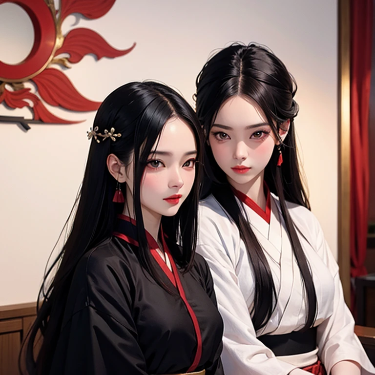 nsfw, Masterpiece artwork, best qualityer, ultra detali, semi-realistic, detailed facial features, 2 mature women,wearing black ancient wuxia hanfu clothing,red long hair,dark shaped eyes,Martial Sect Elder Battalion Style Women&#39;s Clothing, breasts big,arrogant look sensual mature woman,It could,sitting on a throne that looks like a dragon,Leader of the Crimson Dragon Sect