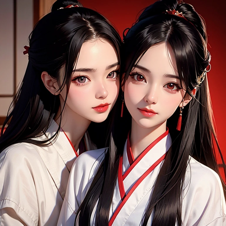 nsfw, Masterpiece artwork, best qualityer, ultra detali, semi-realistic, detailed facial features, 2 mature women,wearing black ancient wuxia hanfu clothing,red long hair,dark shaped eyes,Martial Sect Elder Battalion Style Women&#39;s Clothing, breasts big,arrogant look sensual mature woman,It could,sitting on a throne that looks like a dragon,Leader of the Crimson Dragon Sect