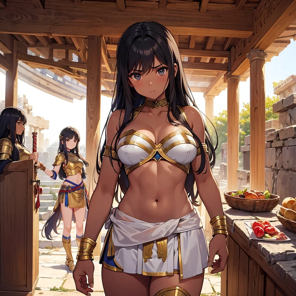 a beautiful Greek warriors girls standing guard at a door, Greek warrior, girls ,tanned skin, tail cover ,brown skin, ancient Greece, classical Greece, black armor ,slim body, defined abdomen , warrior woman, l ight armor, black hair,