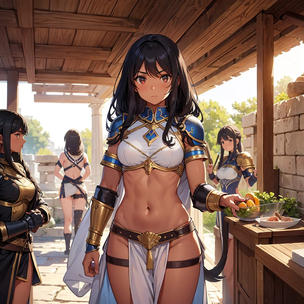 a beautiful Greek warriors girls standing guard at a door, Greek warrior, girls ,tanned skin, tail cover ,brown skin, ancient Greece, classical Greece, black armor ,slim body, defined abdomen , warrior woman, l ight armor, black hair,