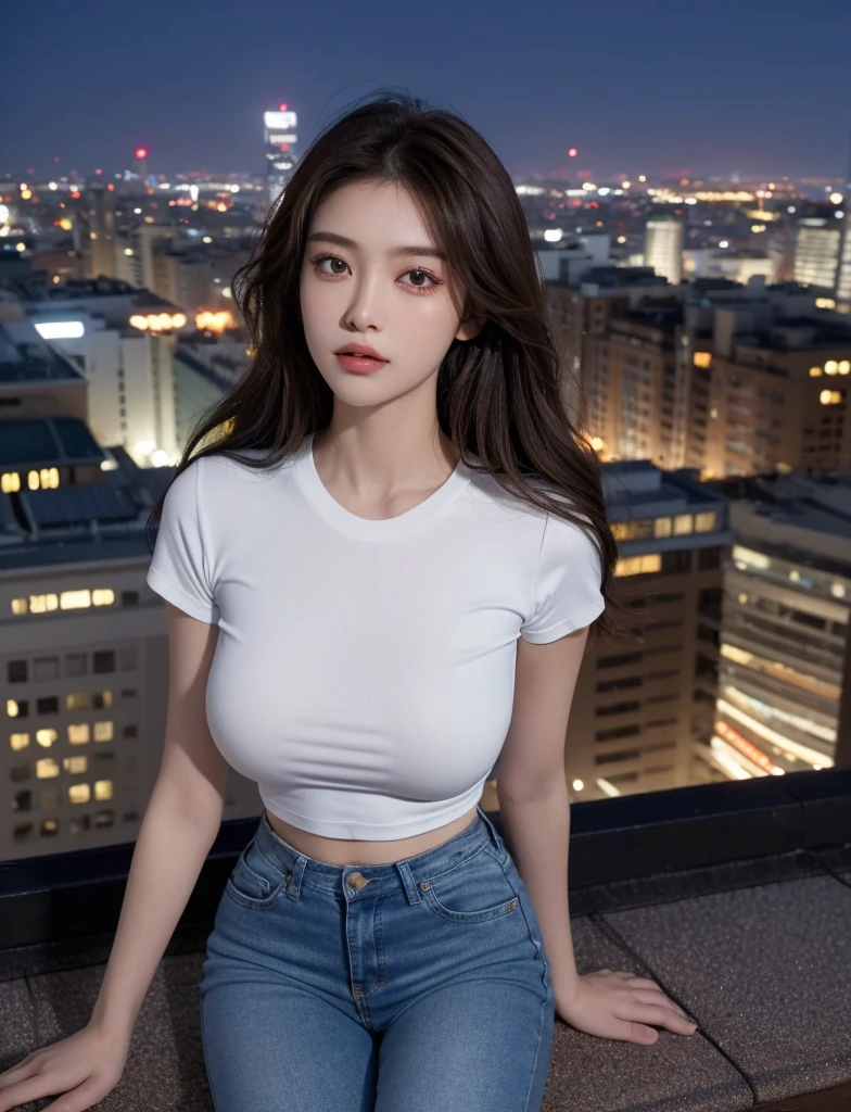 ((Midnight、Highest quality、8K、masterpiece:1.3)), Full Body Lesbian, Long legs, Sharp focus:1.2, Beautiful woman with perfect figure:1.4, Slim Abs:1.1, ((Dark brown hair、Huge boobs:1.2)), (White tight t-shirt、tight skinny jeans 、standing:1.2), ((Night city view、On the roof:1.3)), Highly detailed face and skin texture, Detailed eyes, double eyelid