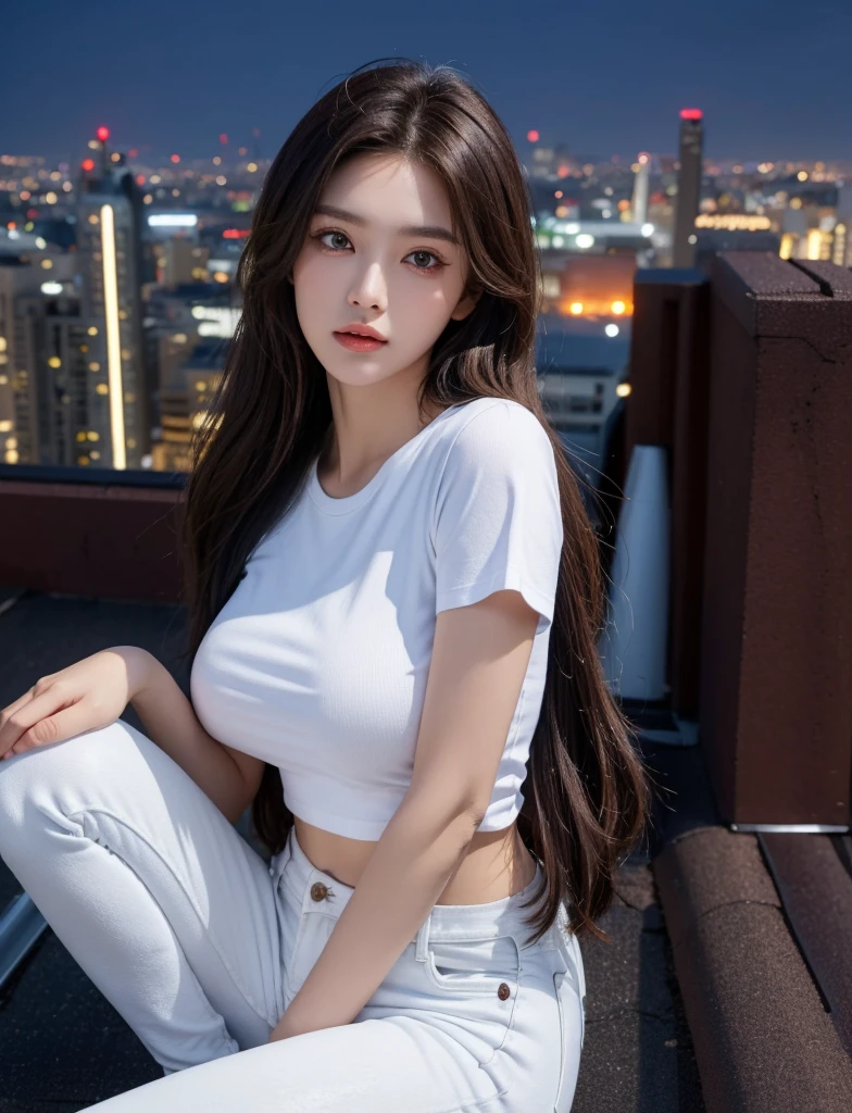 ((Midnight、Highest quality、8K、masterpiece:1.3)), Full Body Lesbian, Long legs, Sharp focus:1.2, Beautiful woman with perfect figure:1.4, Slim Abs:1.1, ((Dark brown hair、Huge boobs:1.2)), (White tight t-shirt、tight skinny jeans 、standing:1.2), ((Night city view、On the roof:1.3)), Highly detailed face and skin texture, Detailed eyes, double eyelid