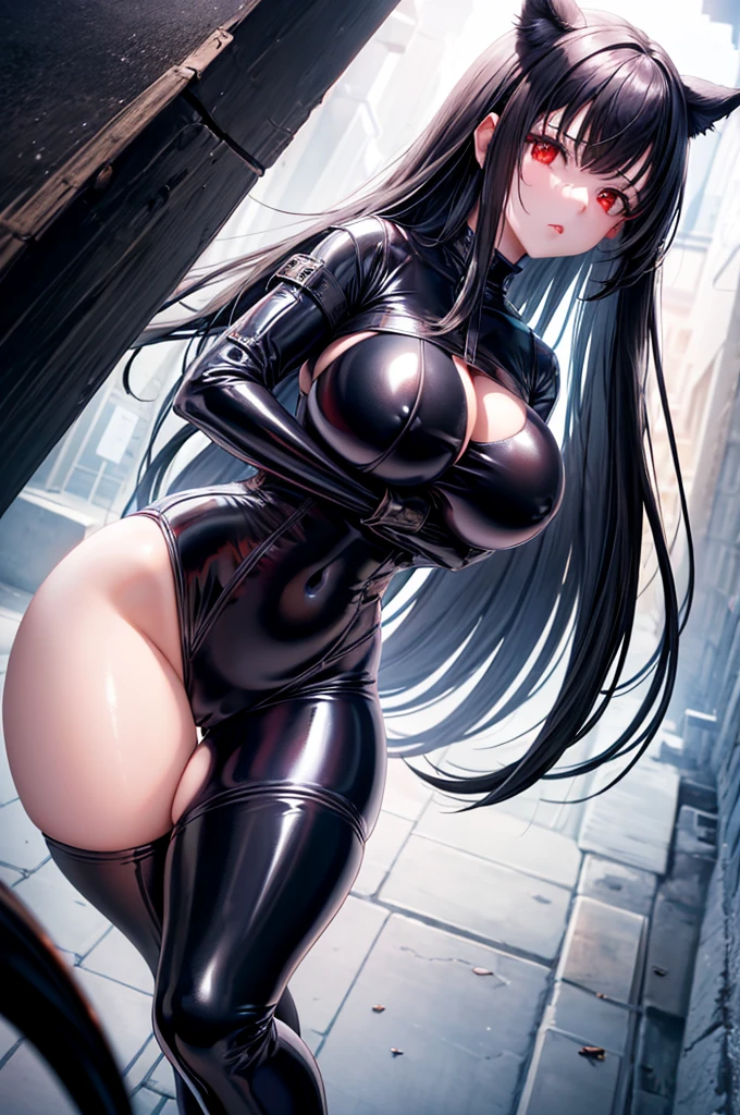A girl, White skin, long black hair, red eyes, wearing a tight black latex suit, big breasts, alley, evening, Moonlight, absurd, high resolution, ultra-sharp, 8k, Masterpiece, front view, looking at the viewer