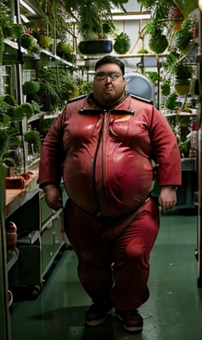 Wearing transparent red prescription glasses,(((He is very fat and is in the laboratory doing research with plants and vegetables with other Astronauts))), Inside the spacecraft. Walking in the laboratory, full body photo full body photo.