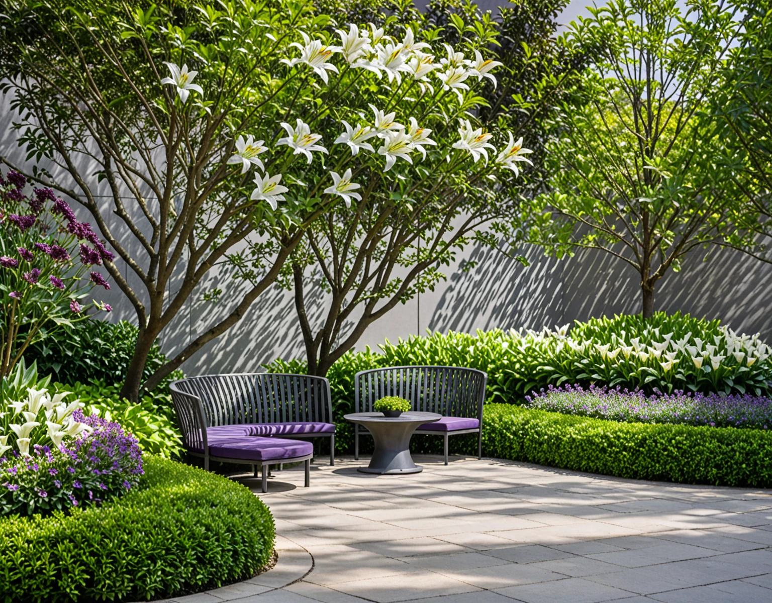 qlcd,tingyuan,no humans,scenery,tree,outdoors,bench,flower,chair,plant,day,shadow,This picture shows a modern style outdoor rest area. There is a circular table in the center of the area,on which a bunch of white lilies are placed. Four white mesh chairs were placed around the table. The background is a wall composed of dark gray vertical slats,surrounded by various plants,including purple flowers,green leafed shrubs,and a small tree. The entire scene is illuminated by sunlight, gate, sidewalk,