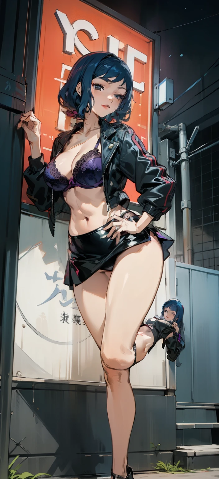 Night time,(Masterpiece), Best Quality, ultra-detailed, 1girl (rinko_iori, Slender and sexy body, huge breasts, wide hips, dark blue hair, long wave hair, blue eyes, half-closed eyes), evil face, smirk ,parted lips, mascara, full makeup, red lipstick, hookerchic, facing viewer, looking at viewer, solo, black latex jacket, short jacket, purple lace bra, navel, black skirt, tight skirt, micro mini skirt, purple lace panties, fishnets, outdoor, street, neon sign, wall, standing, against the wall, one leg up, sexy waist teasing, ,Full-body