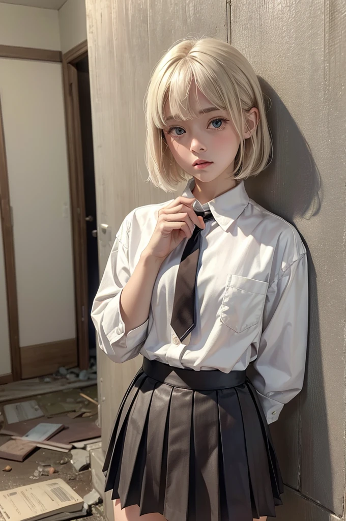 (masterpiece, Highest quality, 8K, High resolution),(Realistic skin texture, Perfect Face, Realistic, Perfect hands, Perfect finger count, Japanese, Girl), (20-year-old), Big Eyes, Brown eyes, Platinum Blonde Hair, bangs, Short Bob, Big hair ribbon, Small face, Crying face, ((White button-up shirt, Flat Chest, tie, Mini Pleated Skirt)), Leaning against a wall, Cute pose, In an abandoned house, Litter