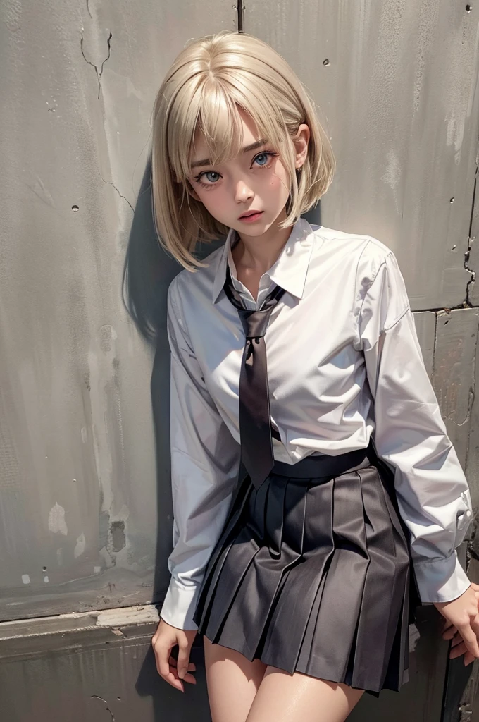 (masterpiece, Highest quality, 8K, High resolution),(Realistic skin texture, Perfect Face, Realistic, Perfect hands, Perfect finger count, Japanese, Girl), (20-year-old), Big Eyes, Brown eyes, Platinum Blonde Hair, bangs, Short Bob, Big hair ribbon, Small face, Crying face, ((White button-up shirt, Flat Chest, tie, Mini Pleated Skirt)), Leaning against a wall, Cute pose, In an abandoned house, Litter
