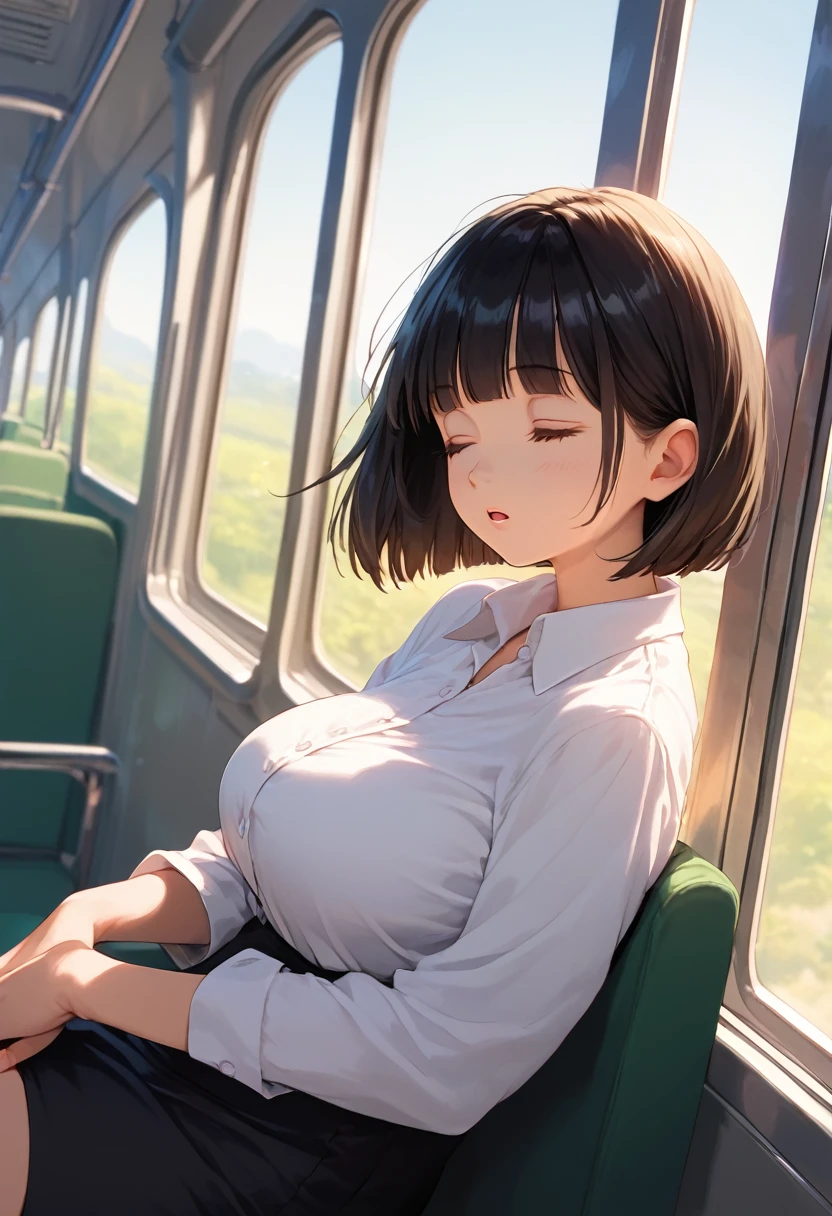 score_9,score_8_up,score_7_up,masterpiece,best quality, source anime, realistic, super detailed, extreme detailed, rating_safe,
1girl, sitting on seat, (sleeping:1.1), tilt head, office lady, I was up all night last night,
BREAK girl, 22yo, short hair, bob cut, (blunt bangs), black hair, (tareme, detailed cute brown eyes), curled eyelashes, (large breasts:0.9), 
shiny hair, beautiful detailed eyes, beautiful face,
white collared shirt, black jacket, black tight mini skirt, 
(closed eyes:1.2), wide open mouth, (drooling:0.5), 
in train, morning, window, sunlight,