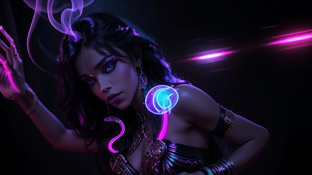 prince of darkness dancing with a beautiful sultry female, that's glowing in the darkness, temple of love in an ancient futuristic civilizations, neon colors, high detail, long shot, wide shot, 4K, 3D, REALISTIC, (iridescent glow smoke), UHD, 32K, very bold neon colors, black light, neon light