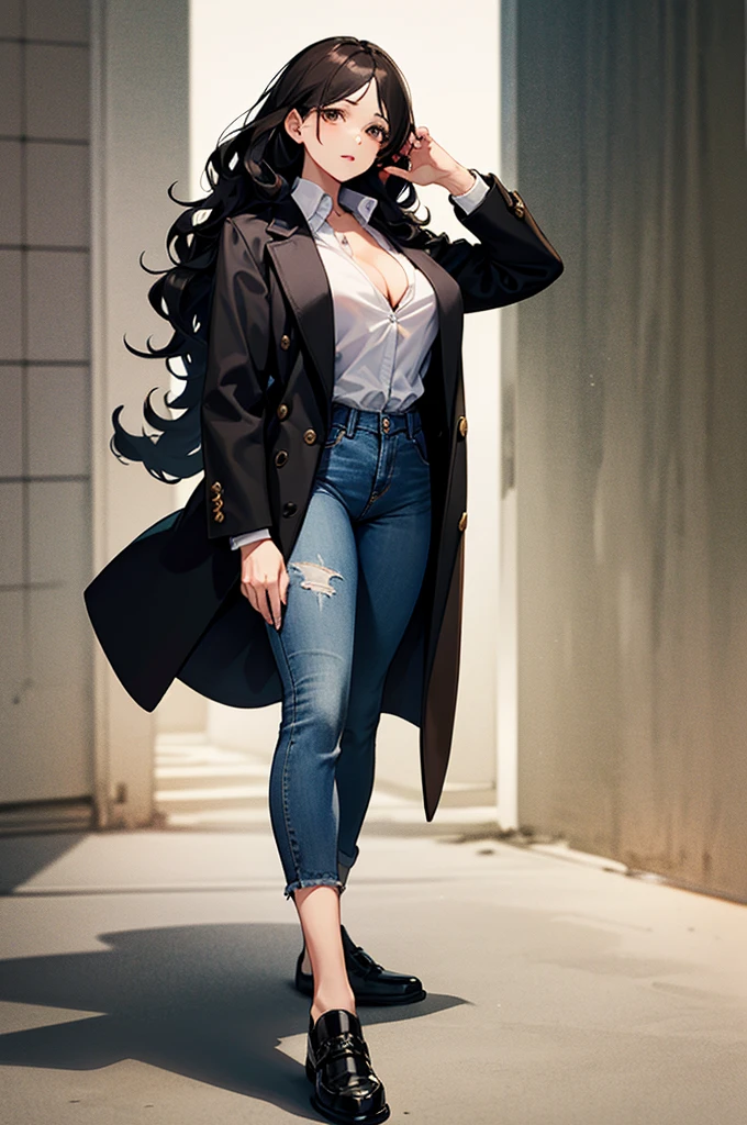 A 29-year-old girl with big marked tits, linda, Beautiful shirt, jeans, combers shoes, black wavy hair, Brown eyes, standing looking at the viewer, wide unbuttoned black coat. 