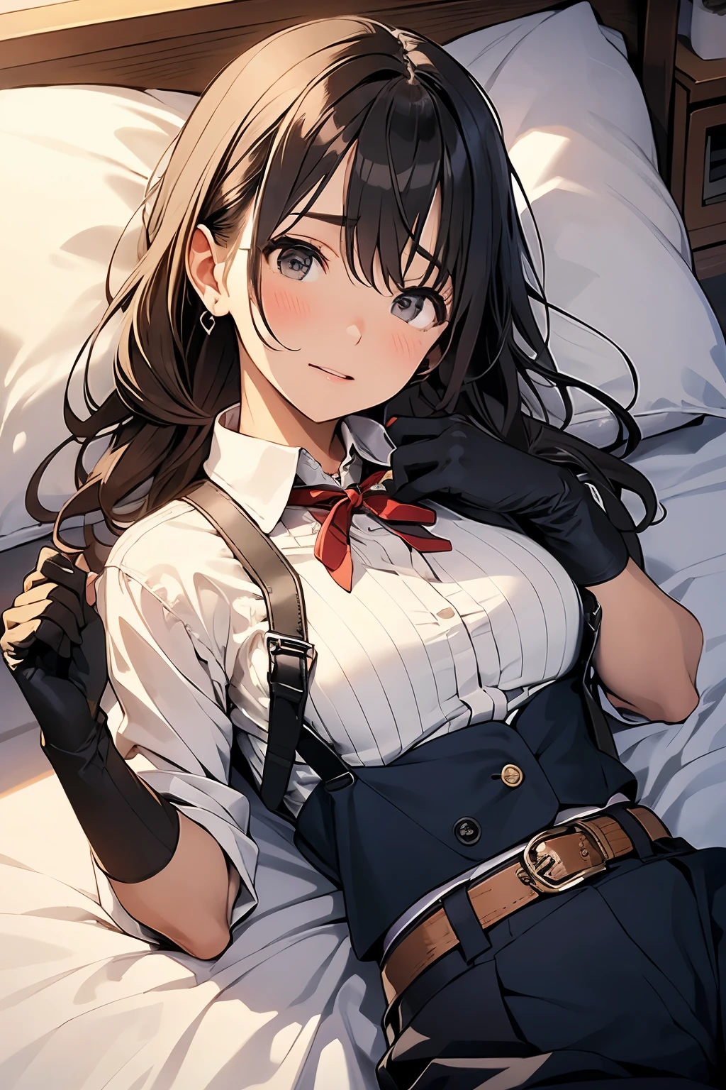 suspenders　　　Moderate breasts　 　 　　　　Small face　 　　　holster　　　Beautiful woman　　　　 Lying in bed　Looking up　　　　Sweat 　　　belt　summer　脇Sweat 　Black Hole Gloves　suit　shirt　　Black jacket　 Black trousers　Leg Links　ズボンにbelt