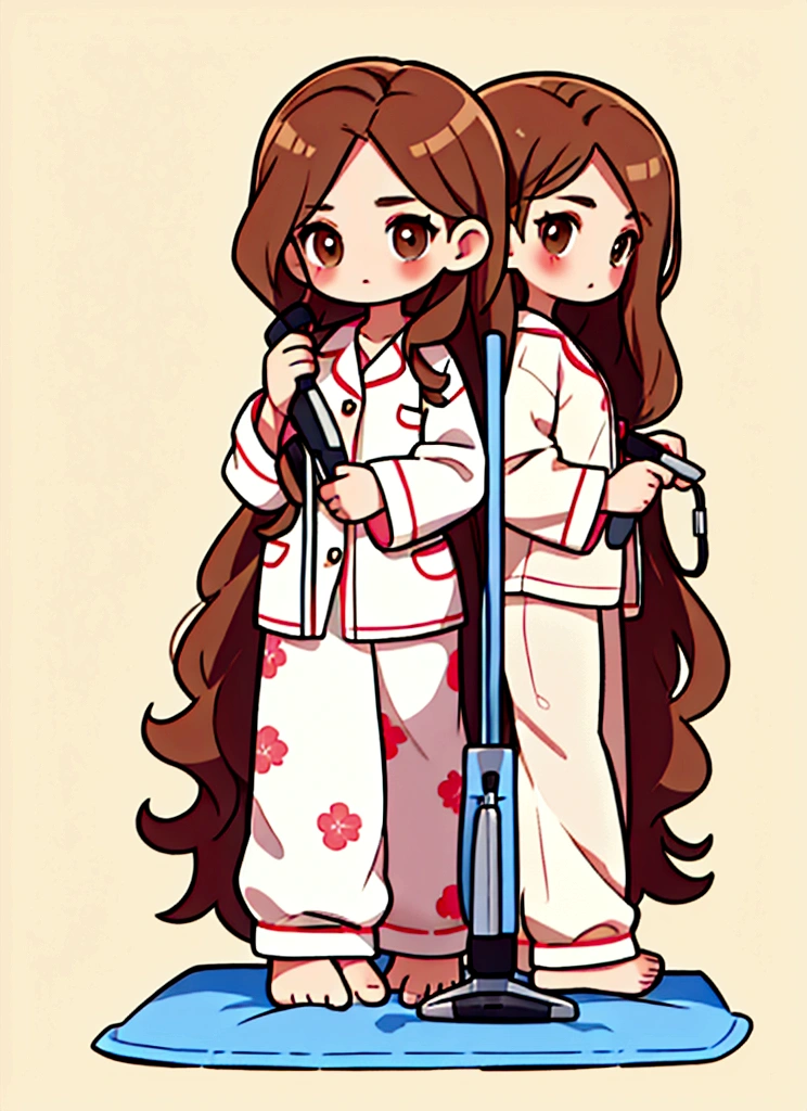 Women,long brown hair, brown eyes,With the hair straightener in his hand,Ironing your hair, whole body, session,pajamas,