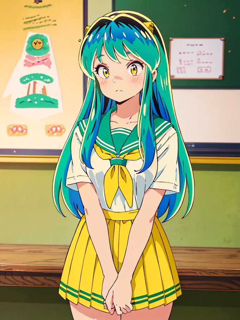 masterpiece, Highest quality, 1 Girl, Lum, Charm, 18-year-old, anime, sexy, blush, Close-up of face, Squint your eyes and laugh, Japan, Green Hair, High definition, nose blush, Sailor suit, Summer clothes, classroom, Yellow neckerchief, uniform