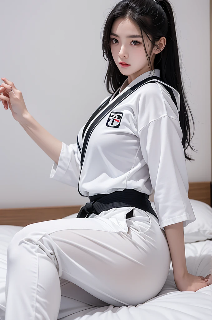 masterpiece, ultra details, best quality, 1 korean taekwondo girl, masterpiece, ultra details, best quality, black long straight hair, wearing sweaty white World Taekwondo Federation dobok uniform with black v-neck, wearing taekwondo blackbelt, wearing white martial arts pants without pockets, large sweaty butt, large breasts, laying on wet hotel bed showing butt, sweat on face