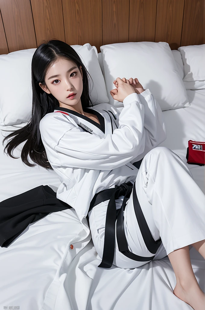 masterpiece, ultra details, best quality, 1 korean taekwondo girl, masterpiece, ultra details, best quality, black long straight hair, wearing sweaty white World Taekwondo Federation dobok uniform with black v-neck, wearing taekwondo blackbelt, wearing white martial arts pants without pockets, large sweaty butt, large breasts, laying on wet hotel bed showing butt, sweat on face