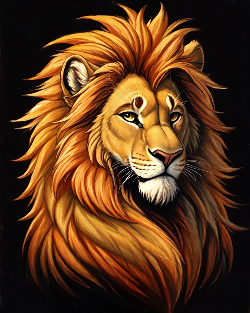 A painting of a smiling lion, with its mane hair shaped like a cannabis sativa leaf on a black background