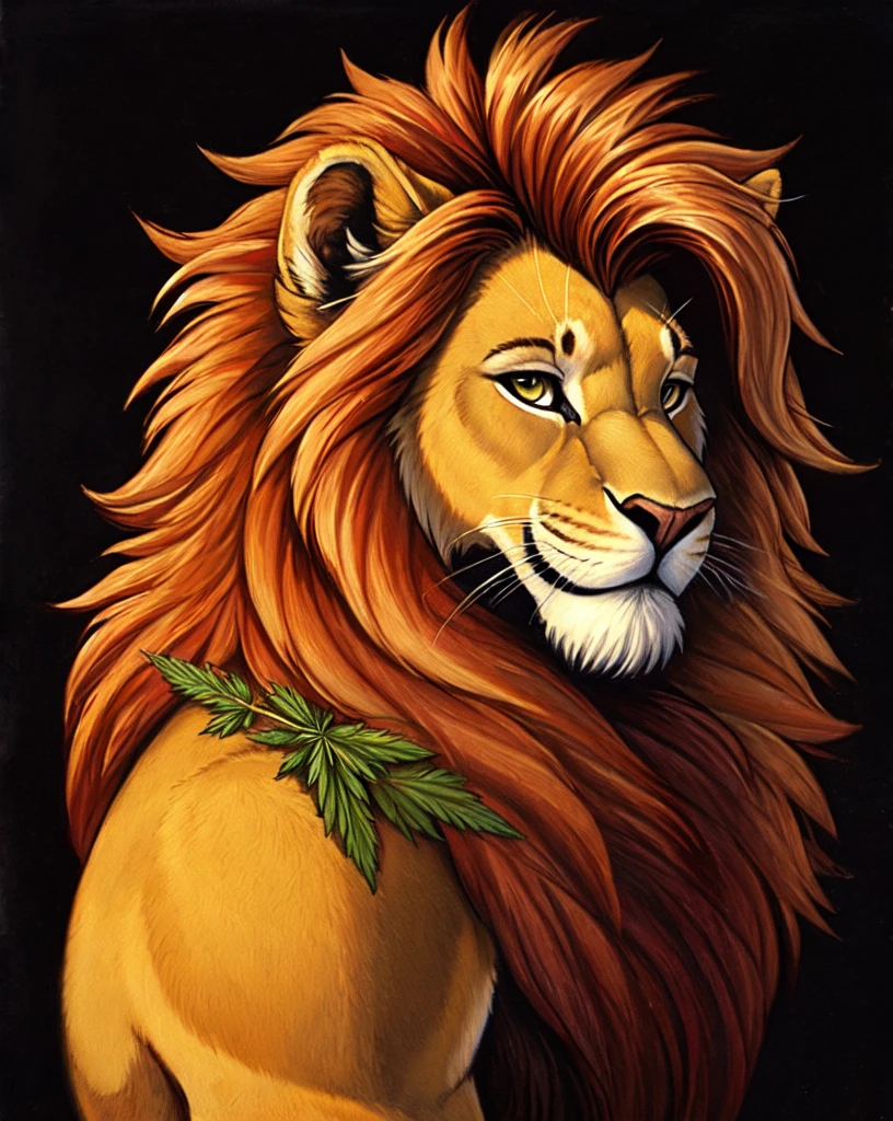 A painting of a smiling lion, with its mane hair shaped like a cannabis sativa leaf on a black background