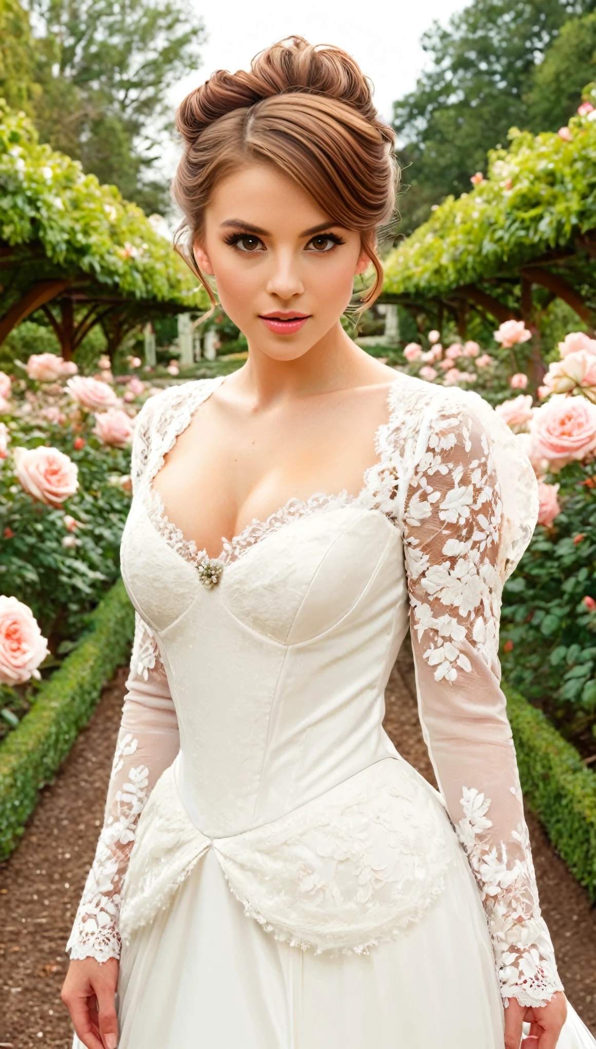 A hyper-realistic portrait of a lady with light brown hair in an updo, wearing a white lace gown, set in a Victorian-style rose garden with blooming flowers.