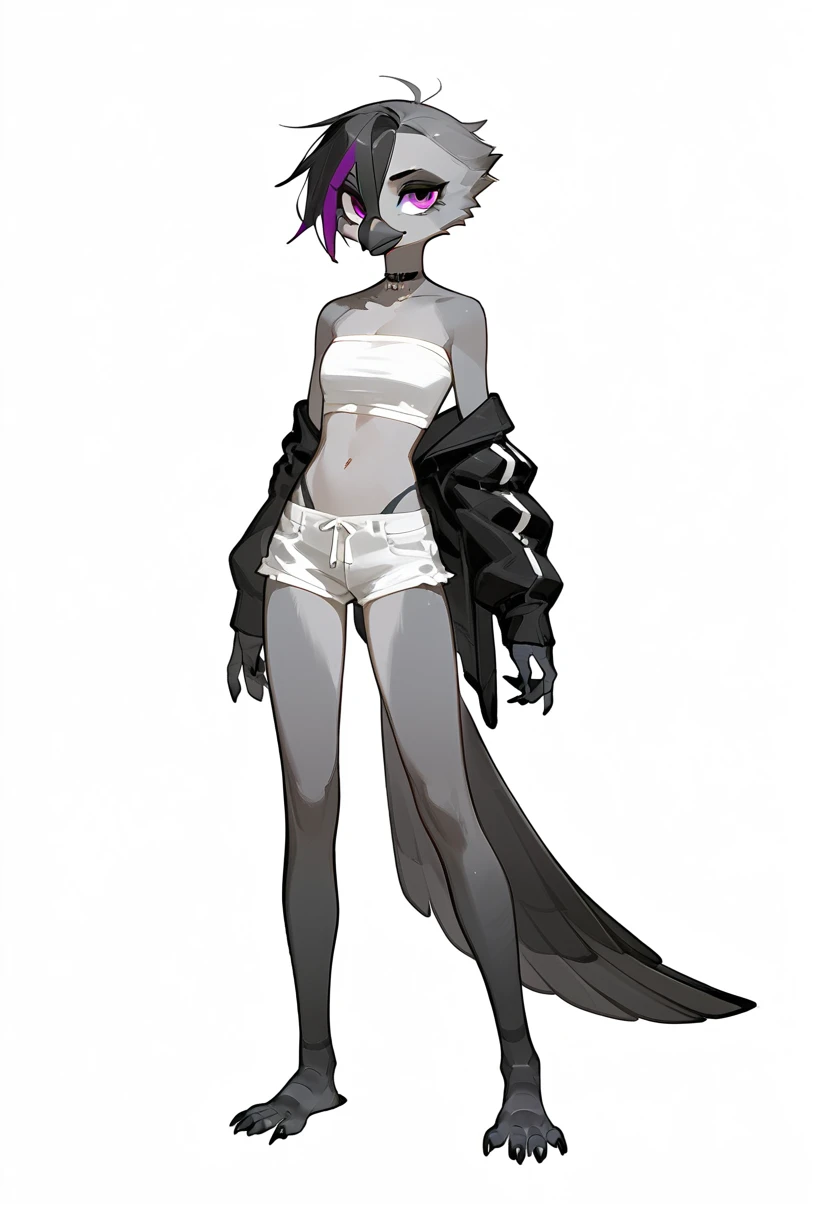 Score_9, score_8_up, score_7_up, flat colors,  an Anthro avian crow girl, female, small grey beak, tall and slender, small crow tail, grey body, standing, white background, purple eyes, short black emo hair, hands with five fingers, wearing white bandeau, white short shorts, full body shot, plantigrade bird feet with three toes,