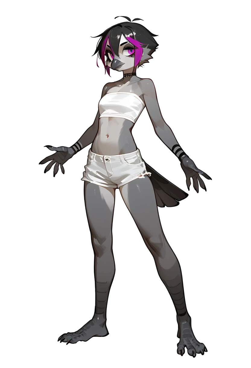 Score_9, score_8_up, score_7_up, flat colors,  an Anthro avian crow girl, female, small grey beak, tall and slender, small crow tail, grey body, standing, white background, purple eyes, short black emo hair, hands with five fingers, wearing white bandeau, white short shorts, full body shot, plantigrade bird feet with three toes,