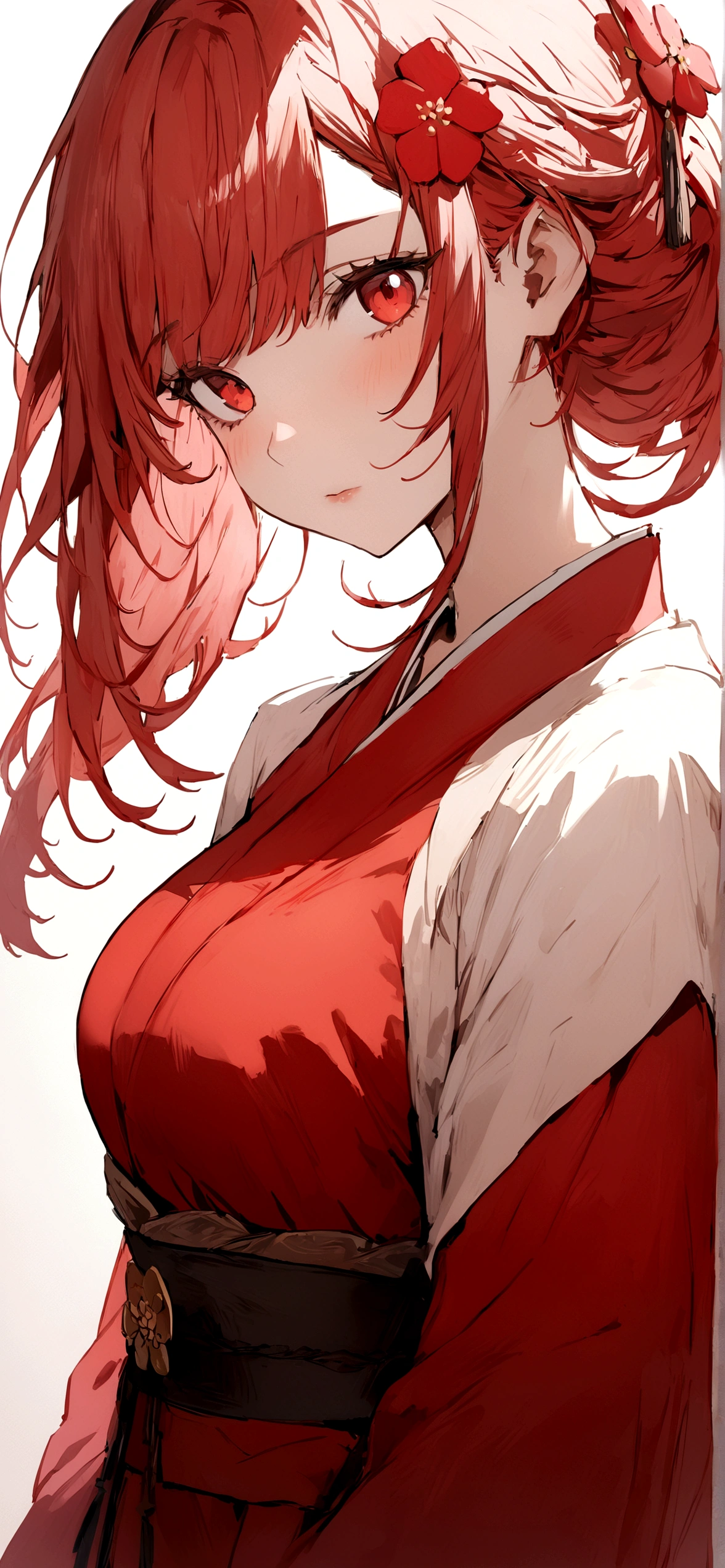 ((masterpiece, Highest quality)), (One girl), (alone)、Older sister in her late 20s, Red Hair、Character portrait、Plum blossom accessories、Red kimono、White background、Long white hair、Red eyes