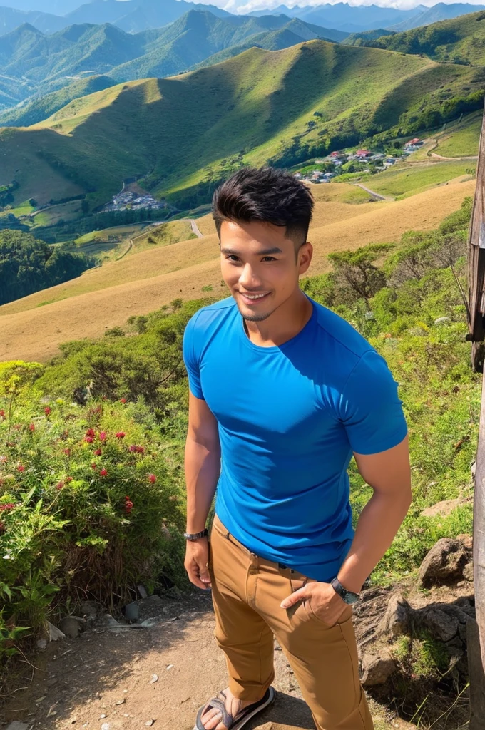 full shot. Handsome Indonesian man, brown skin, blue t-shirt, see the panorama from the top of the mountains